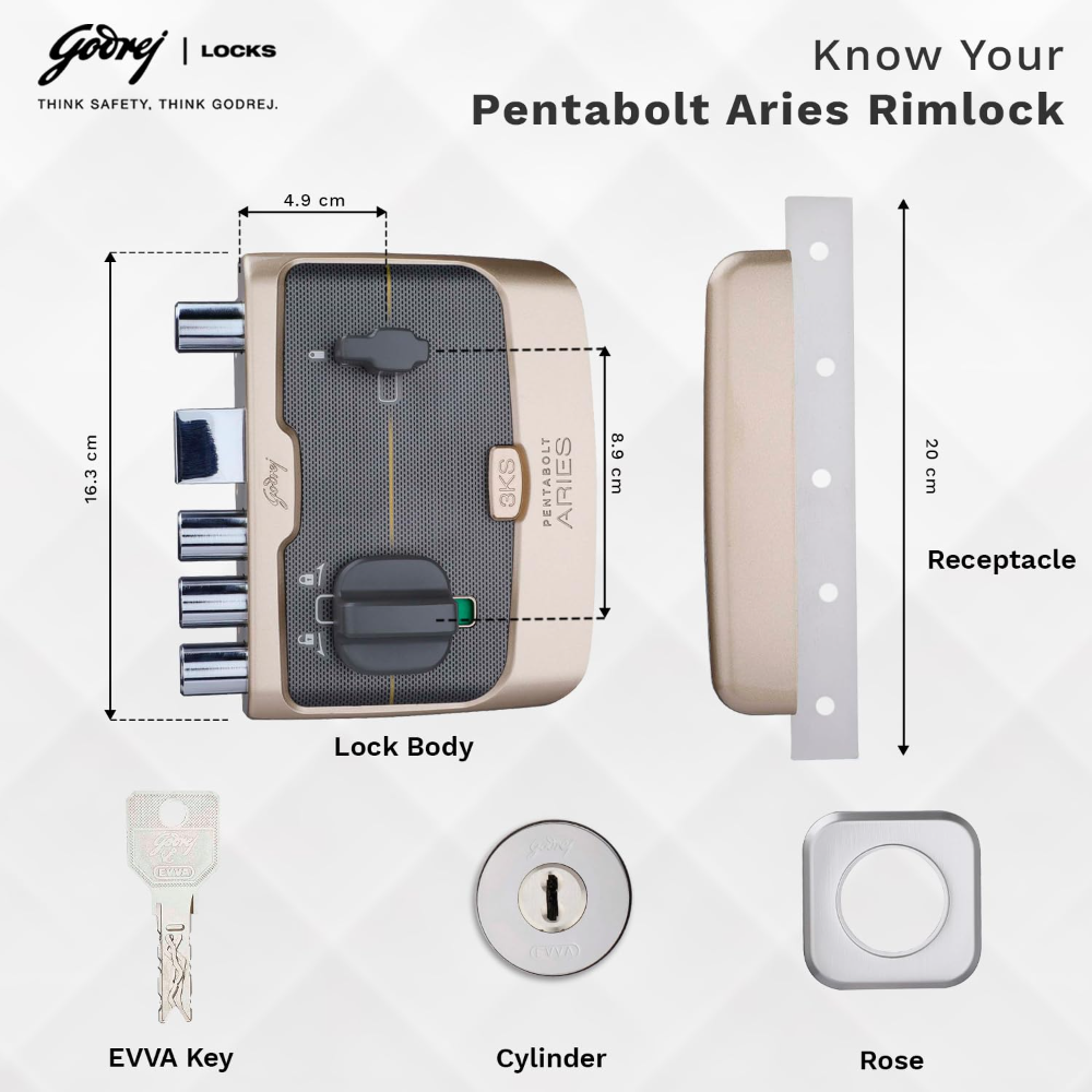Godrej Rim Lock I Pentabolt Aries 3KS I 5 Bolts I 1CK Deadbolt I For Home Main Door I for Inside Opening Door l LeftorRight Handed Doors I 4Keys I 15-Year Warranty I Manual Locking I Vegas Gold Finish